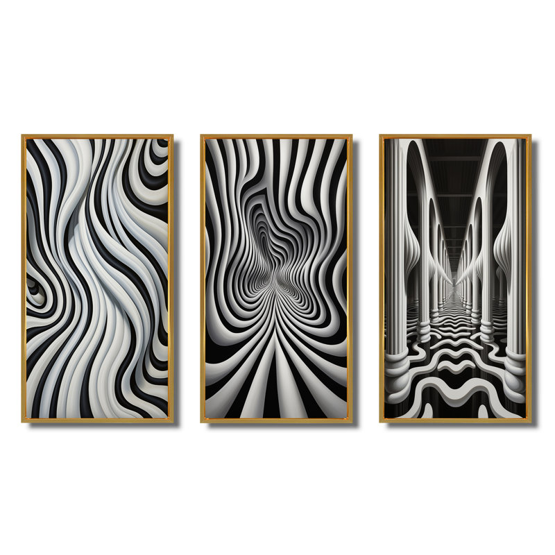 «Black White Optic Art Dream», 3 pièces, H 40 po x l 60 po, Cadre flottant doré