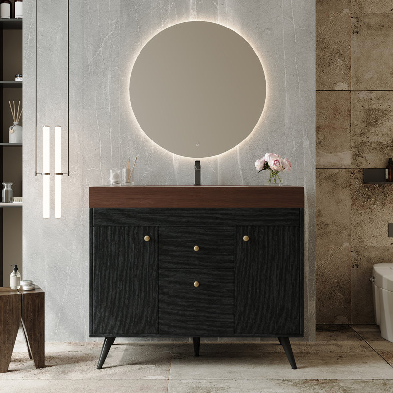 Meuble-lavabo autoportant moderne 36 po avec plateau en pierre frittée, Noir