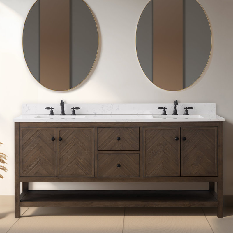 Chazden 72" Freestanding Herringbone Design Double Bathroom Vanity with Engineered Stone Top, Brown