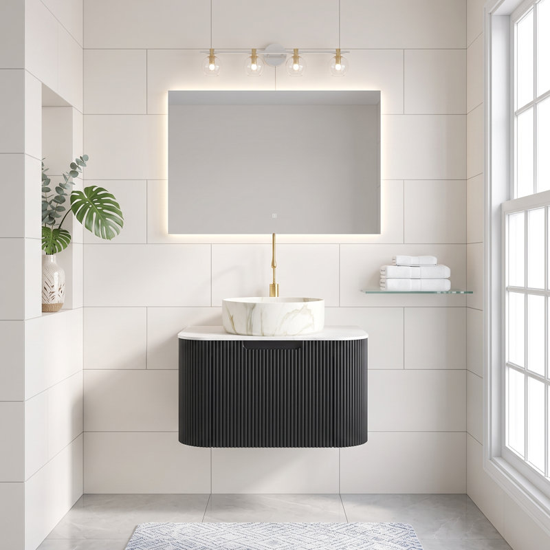 Meuble-lavabo mural de 24 po en contreplaqué, noir, à bord arrondi avec tiroir de rangement imperméable et résistant à l'humidité, pré-assemblé