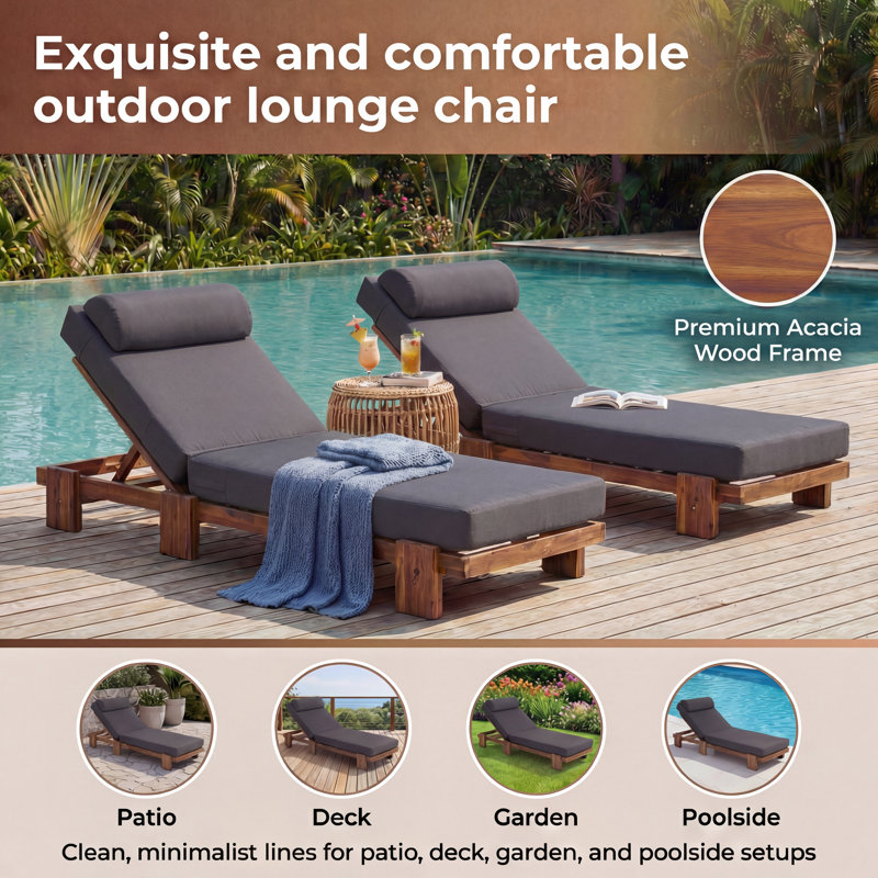 78.8" Acacia Wood Outdoor Chaise Lounge, Adjustable Recliner with Headrest & Retractable Side Tray for Patio, Poolside, Garden