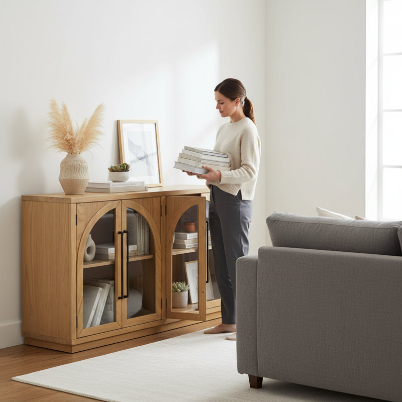 Buffet 4 portes avec rangement et portes vitrées, tablettes réglables (bois naturel) | Idée de cadeau