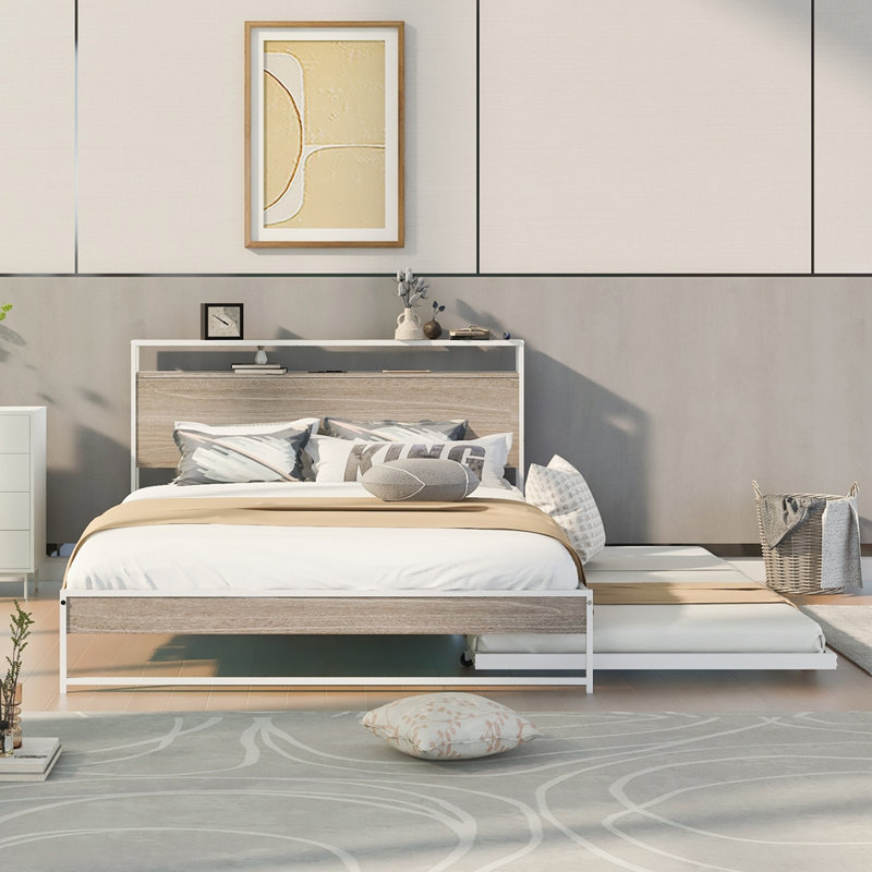 Structure de lit plateforme avec lit gigogne en métal grand, Blanc