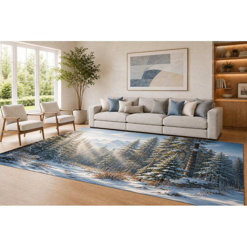 Tapis « ultra léger » de 200 x 300 cm (6'7" x 9'10") à motif forêt enneigée bleu et blanc, idéal pour le salon. Moquette douce à poils courts avec envers antidérapant en silicone, parfaite pour la chambre à coucher, la salle à manger et le bureau.