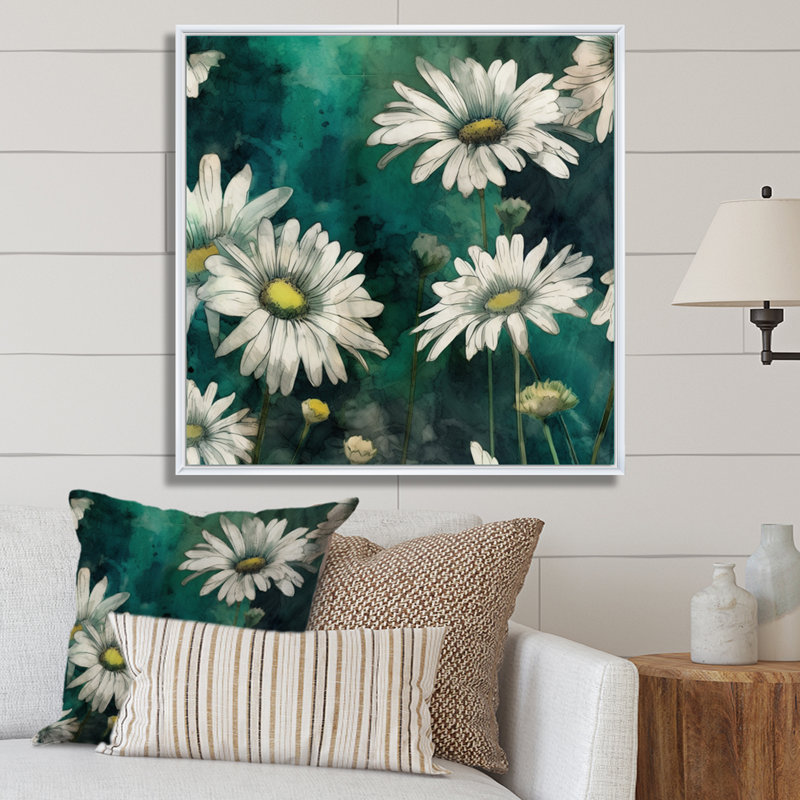 «White Teal Daisy Flower Fusion» sur toile imprimée, H 24 po x l 24 po x P 1 po, Cadre flottant blanc