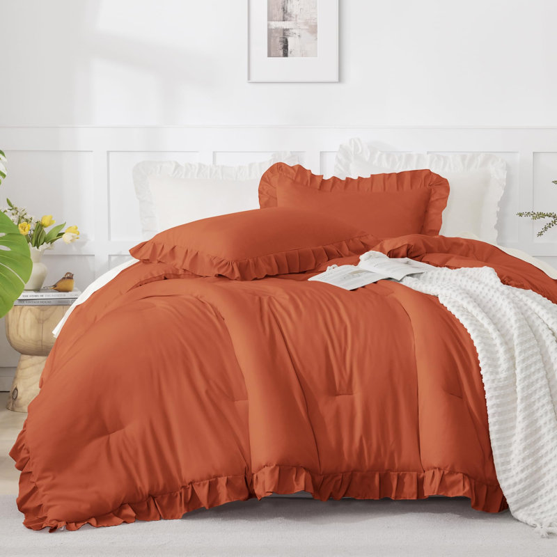 Andency Terracotta Ruffle Comforter Oversized Queen(98x98Inch), 3 Pieces(1 Ruffled Comforter and 2 Pillowcases) Solid Farmhouse Bed, Vintage Rustic Soft Microfiber Bedding Set