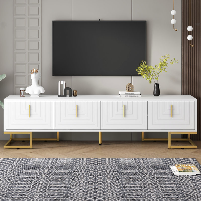 Modern TV Stand With Metal Legs And Gold Handles For Tvs Up To 80'', Media Console Table With Cabinets And Adjustable Shelves, Luxury TV Cabinet With Geometric Lines For Living Room