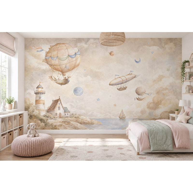 Murale de montgolfières, aquarelle, ciel côtier, 140 po x 108 po, Non tissé
