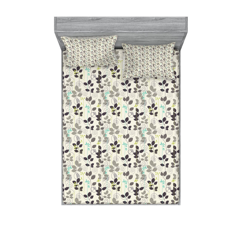 Ambesonne Botanical Fitted Sheet & Pillow Sham  Set,  Multicolor, Full Sheet Set with 4 Pillowcases