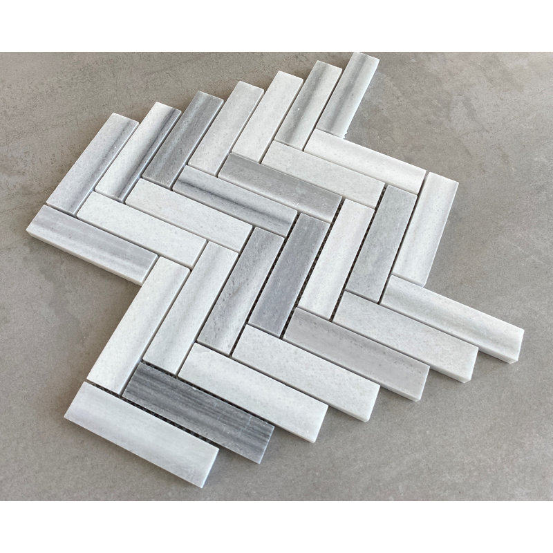 1" x 4" Marmara White Marble Herringbone / Chevron Mosaic Wall & Floor Tile
