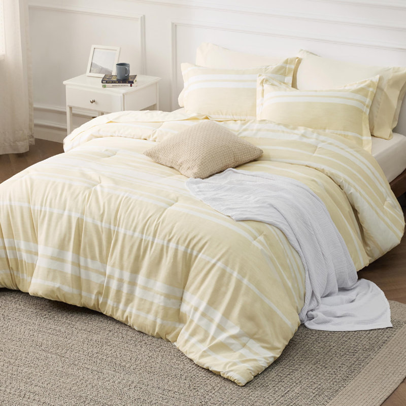 Bedsure Striped All Season Bed In A Bag, Beige, Queen Comforter + 6 Additional Pieces