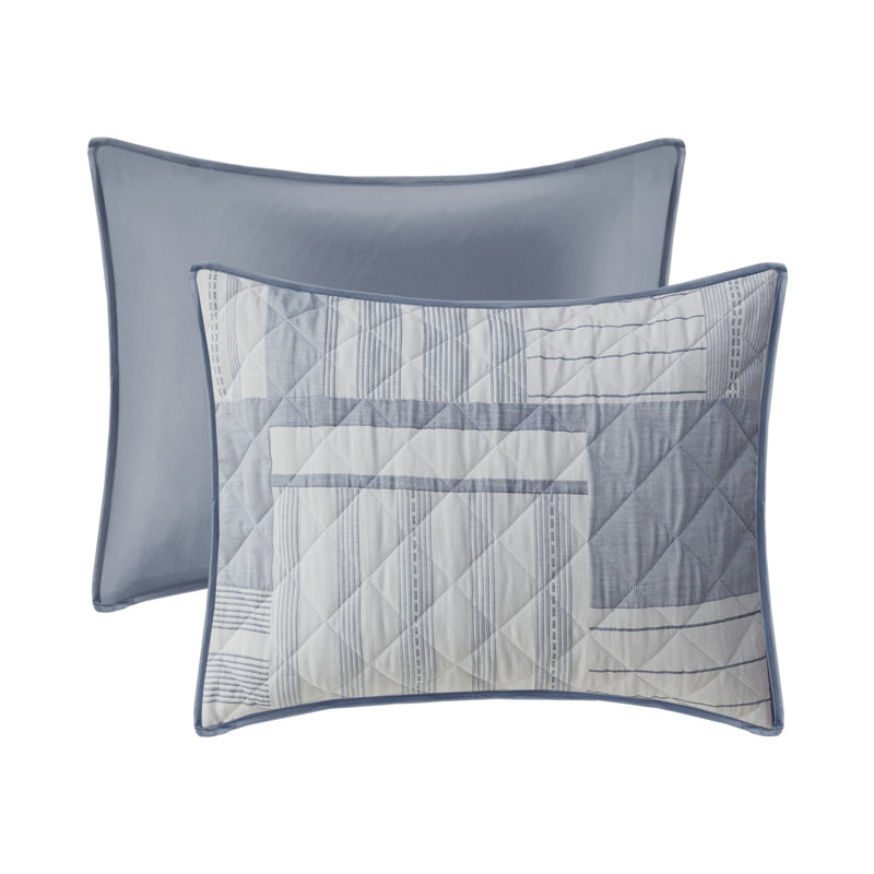 Full Blue Microfiber Reversible Patchwork Quilt Set