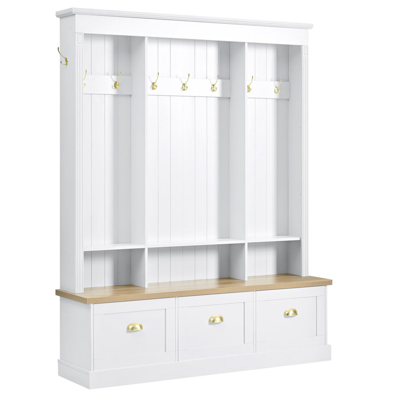 [Assembly Video] Elegant APP Controlled LED Light Hall Tree with 9 Hooks, Roman Column Design Natural Storage Bench with 3 Large Cabinets, Farmhouse Entryway Organizer with Shelves for Hallway, White