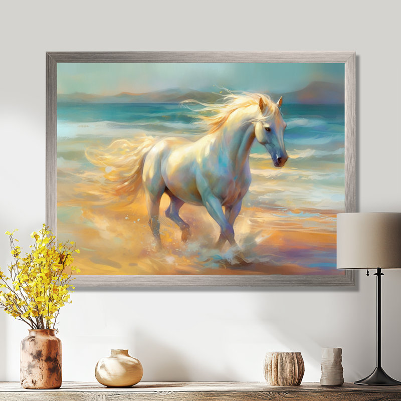 Cheval sur la plage I - art mural cheval, Cadre simple argenté, H 30 po x l 40 po x P 1,5 po