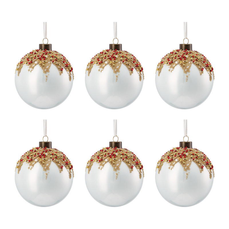 Ornement boule en verre perlé, Blanc, 6