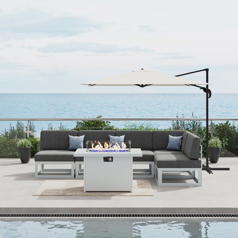  6 Pieces Modern Aluminum Patio Furniture Set With Fire Table, Outdoor Modular Sectional Conversation Set L-shaped Sofa For Backyard