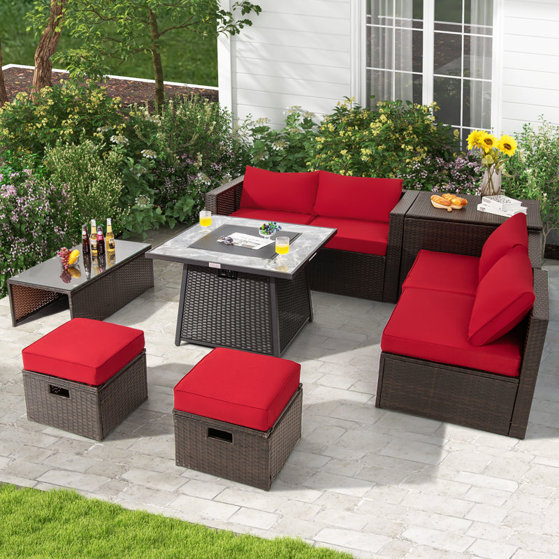 Ensemble de conversation d'extérieur pour 6 personnes avec coussins Saabir, Brun, Rouge
