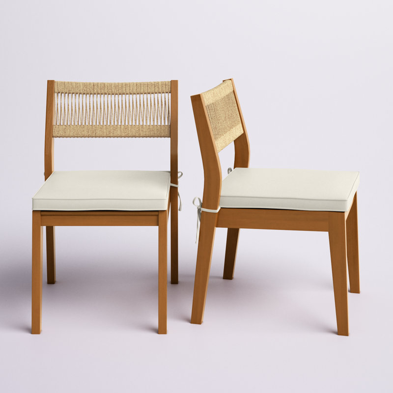 Set of 2 Weather-Resistant Solid Wood Stackable Outdoor Dining Chairs with Cream Cushions