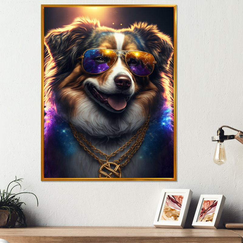 «Australian Shepherd Gangster in NYC», impression sur toile, H 32 po x l 16 po x P 1 po, Toile avec cadre flottant or