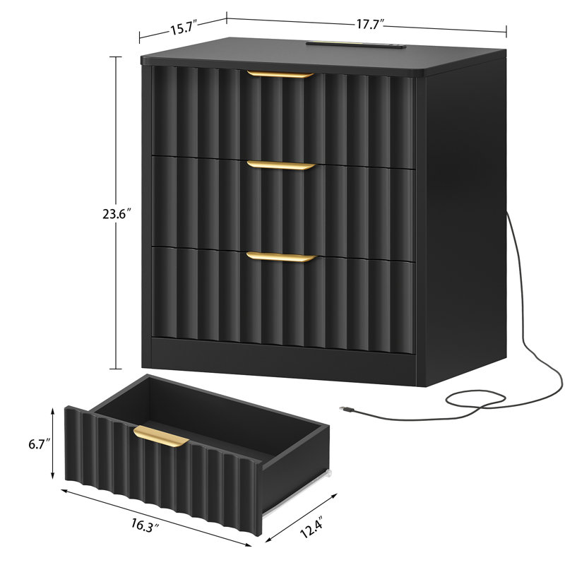 Table de chevet avec 2 tiroirs, station de charge et éclairage DEL pour la chambre à coucher, Noir, Ensemble de 2