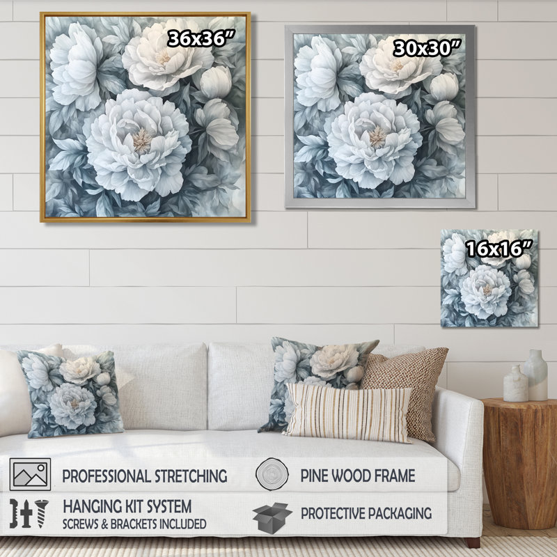 Pivoine monochrome givrée Bloom II - pivoines, art mural, H 36 po x l 36 po, Impression encadrée flottante, Doré