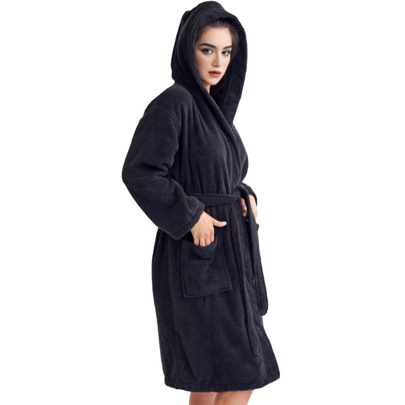 Peignoir mi-mollet 100% coton avec poches et capuche Seine, Noir, Taille unique