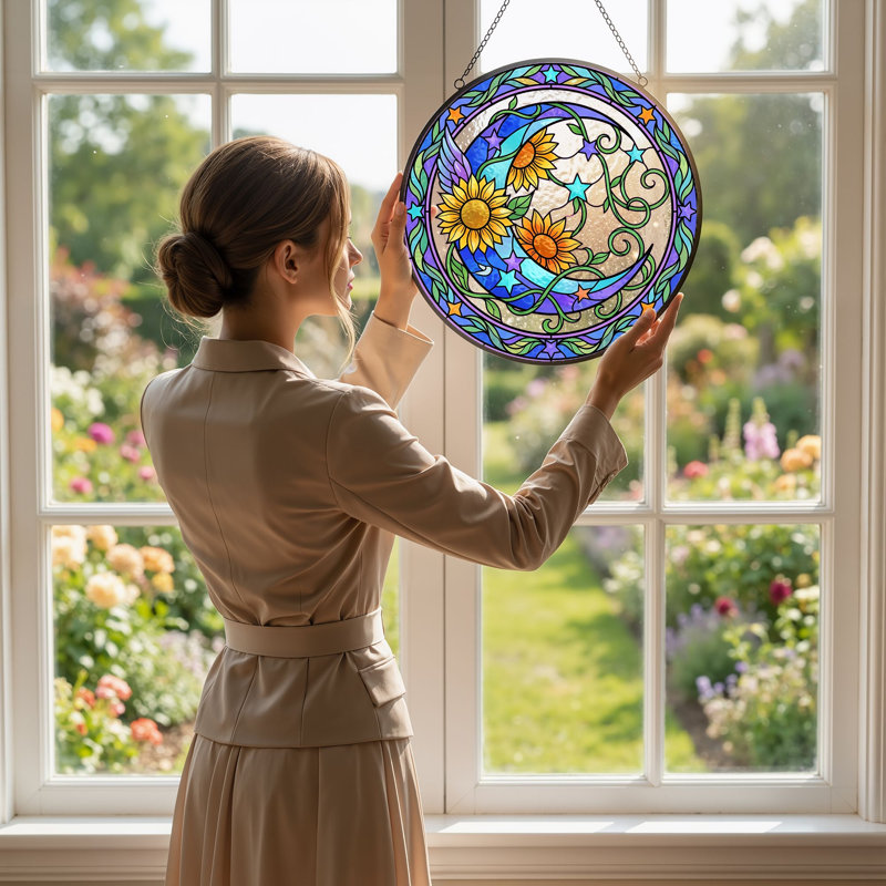 Panneau de vitrail Sunflower Moon ， 12 po, 12"H