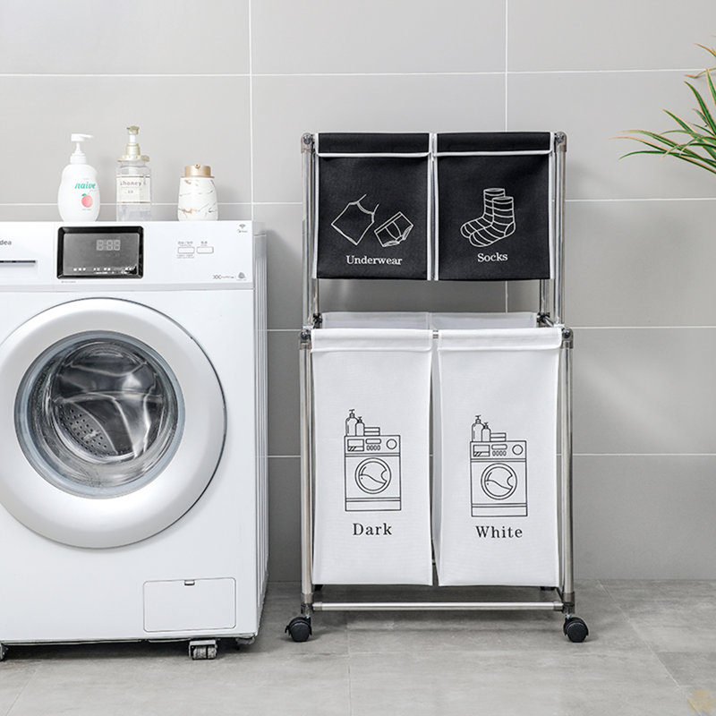 Laundry Basket 2 Tier Clothes Sorter With 4 Removable Bags To Organize Clothes, With Four Wheels, Easy To Move
