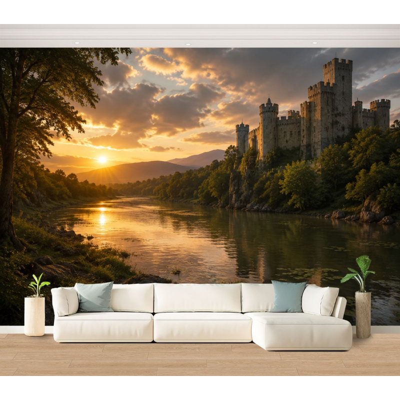 Papier peint adhésif autocollant amovible Château médiéval par River Sunset Dramatic Sky, L 100 po x l 144 po