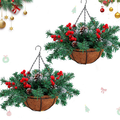 2 Set Artificial Ceder Christmas Hanging Baskets With Pinecones And Berry Clusters, 2 Hanging Planters For Outdoor Indoor Front Porch, Garden, Patio, Home Decor