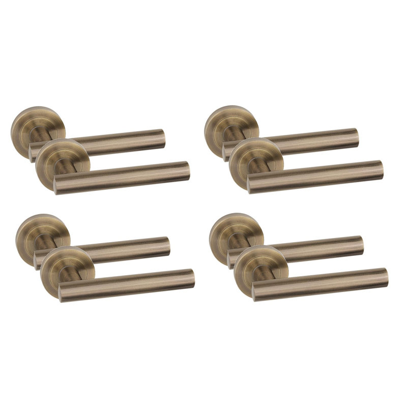 4 Pair Straight T-Bar Design Classic Door Handles in Antique Brass Finish with Spindle and Fixings