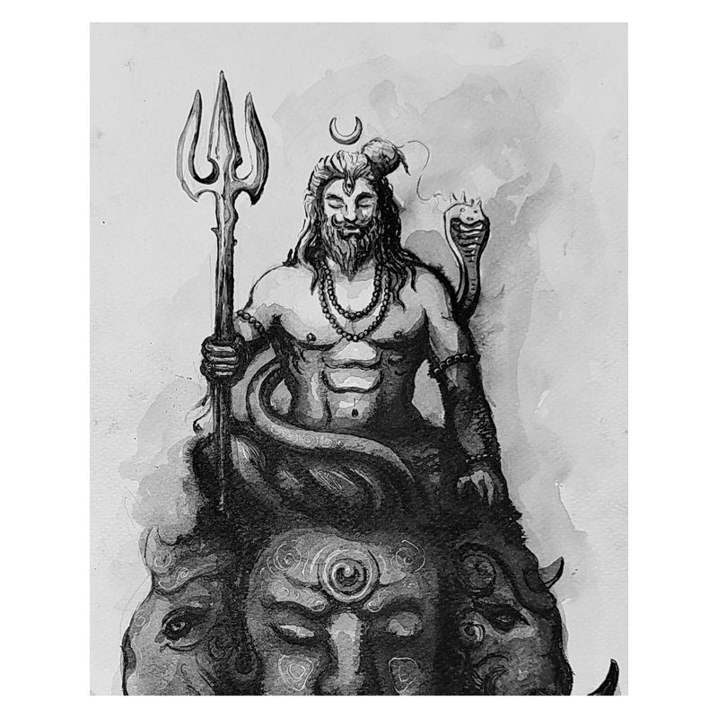 Shiva méditant sur la tête du démon Gajasura | Aquarelle sur papier | Par Prasad P Mahale