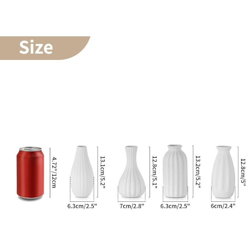 NUPTIO Small White Ceramic Vase: 4 Pcs Decorative Flower Bud Vases Set