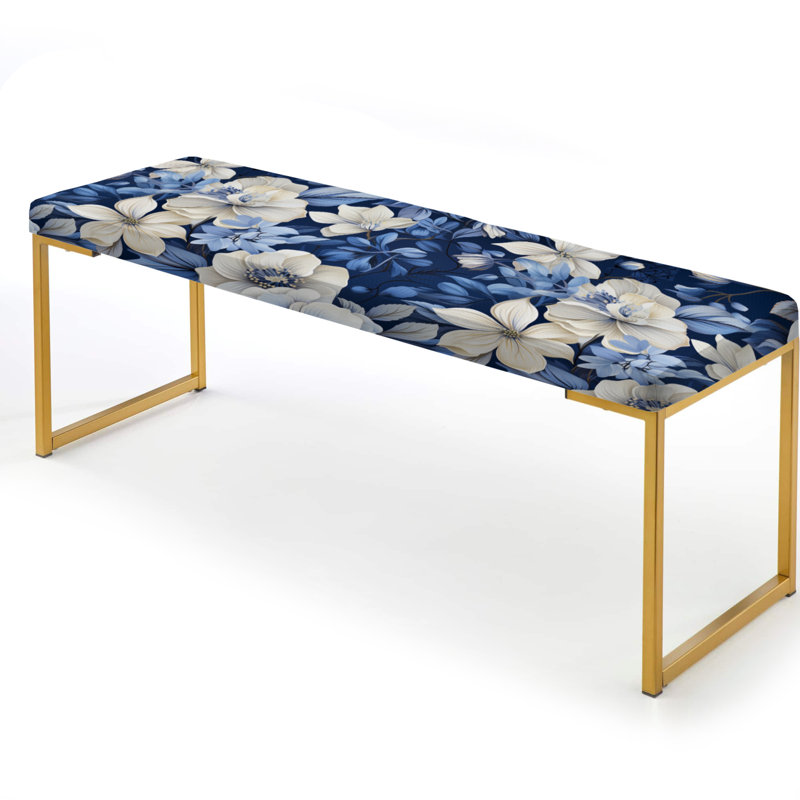Banc rembourré or, Motif floral bleu et blanc V