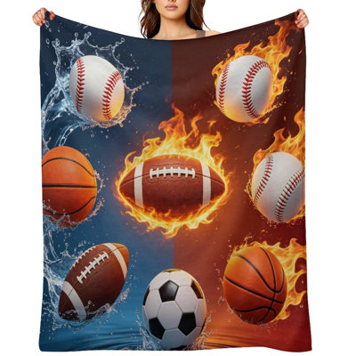 Soft Throw Blanket Cool Baseball Basketball Blue Sport Pattern | Vibrant Fire Football Soccer Cozy Flannel Fleece Decor Throw for Sofa, Couch, Bedroom or Outdoor Use, 40 x 50 in