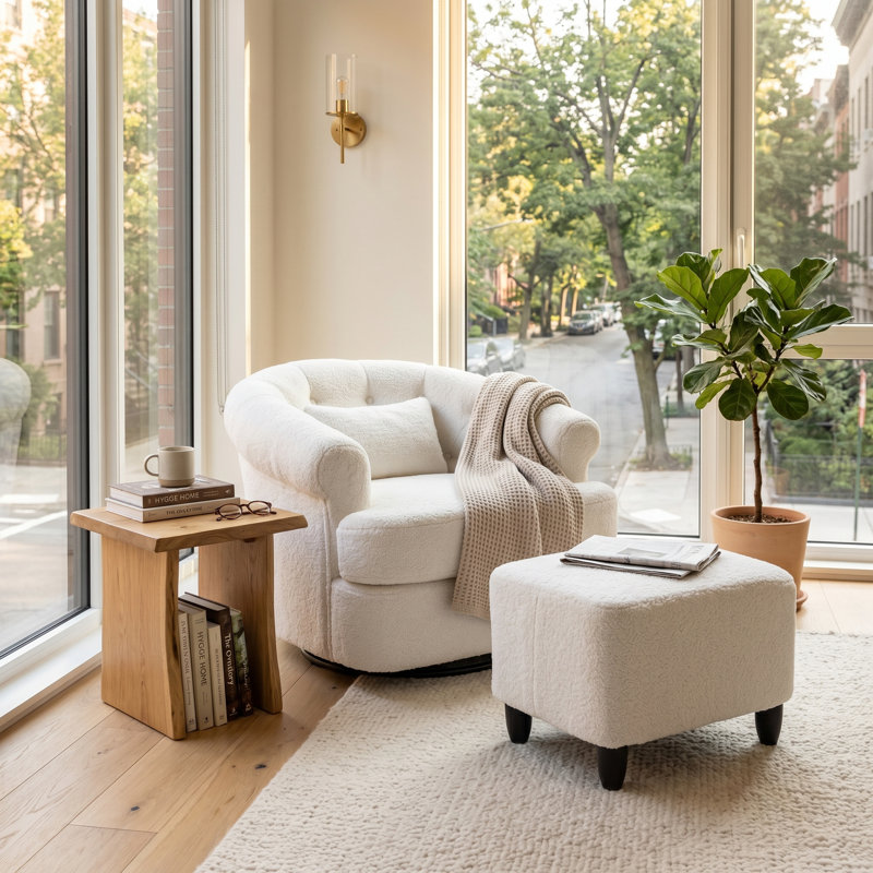 Ensemble de fauteuil pivotant avec repose-pieds, Molleton pelucheux blanc