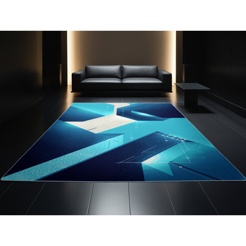 Machine Washable Carlstadt Sleek & Chic Modern Geometric Shapes Rug in Blue – SkyBlue Binding, 7' Round