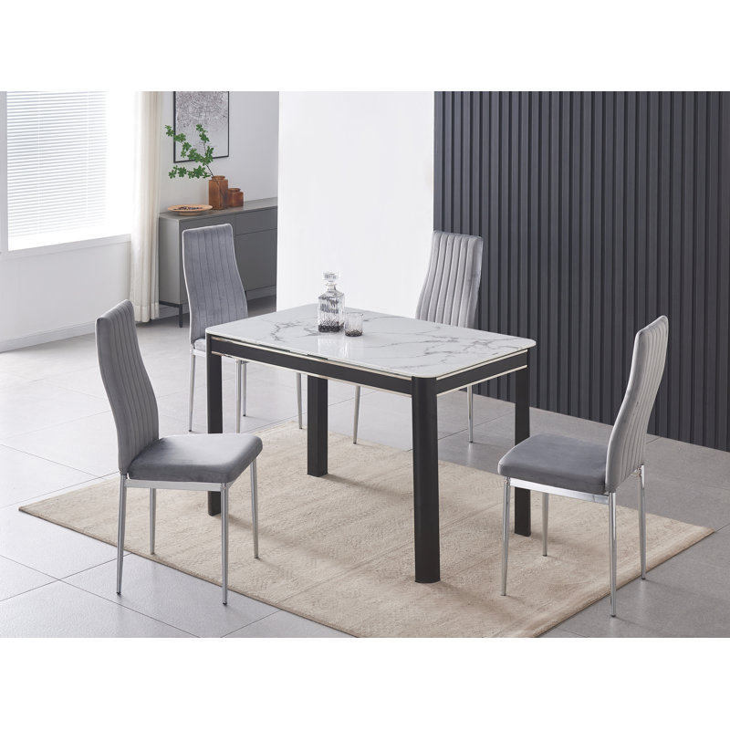 Hannahs White Marble Effect Dining Table With 4 Monza Velvet Chairs, Grey