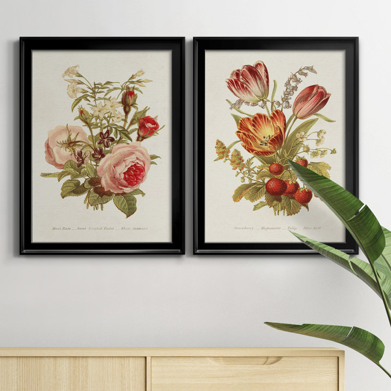 Antique Floral Bouquet III - Ensemble de 2 impressions sur toile encadrées, H 30,5 po x l 22,5 po x P 1,25 po, Cadre noir