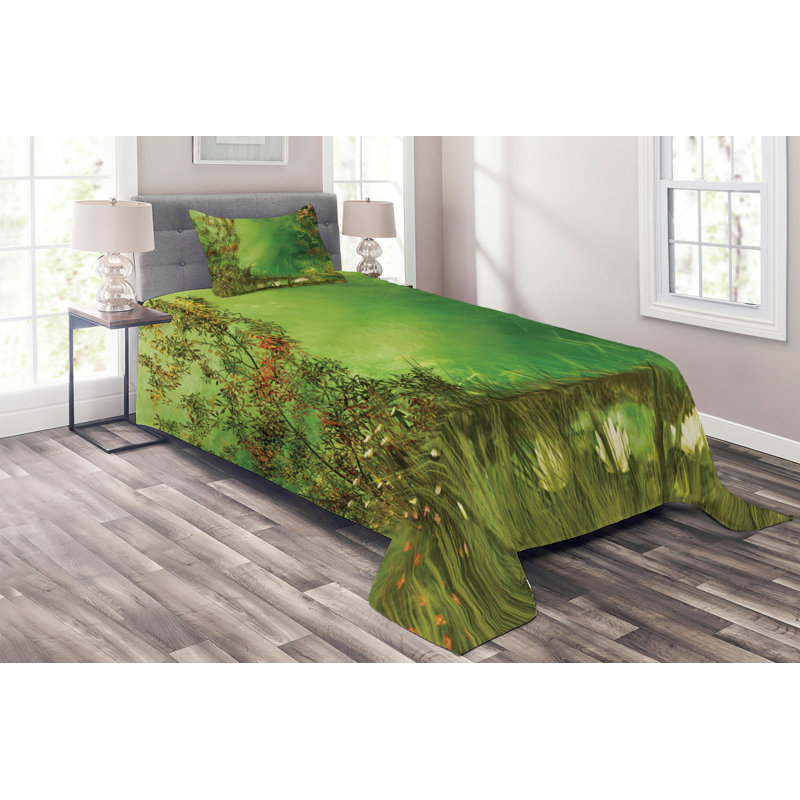 Green Nature Print Twin Quilted Bedspread Set