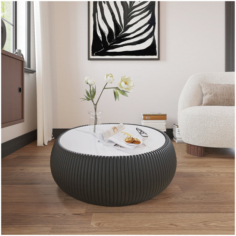 Table basse moderne en cuir fritté clair en forme de tambour pour le salon, 13.38" H x 27.55" W x 27.55" D, Noir