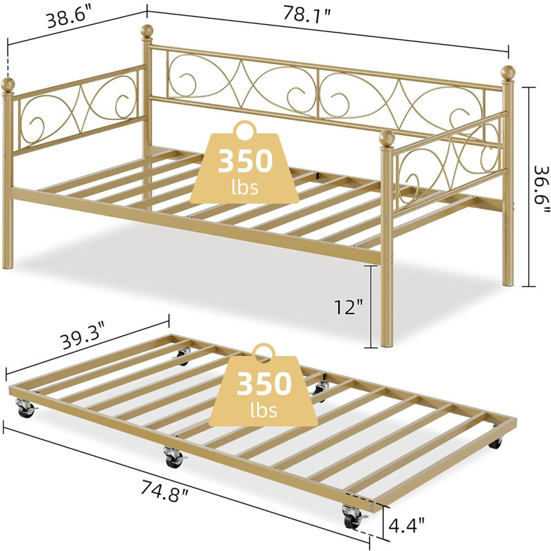 Metal Daybed with Trundle, Gold