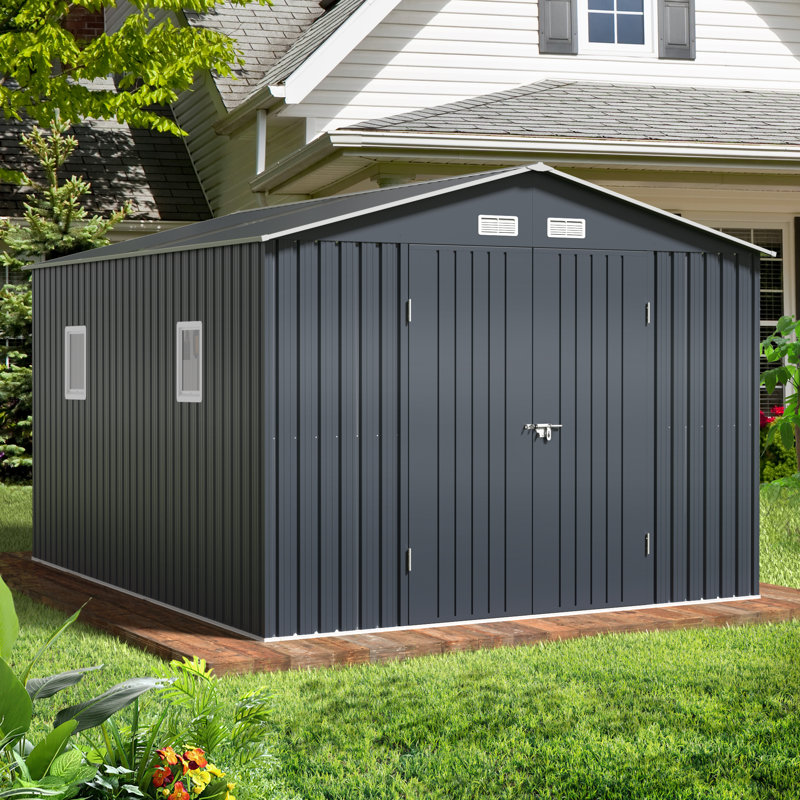 Outdoor Metal Storage Shed with Windows, 10 Ft. W x 12 Ft. D, Black