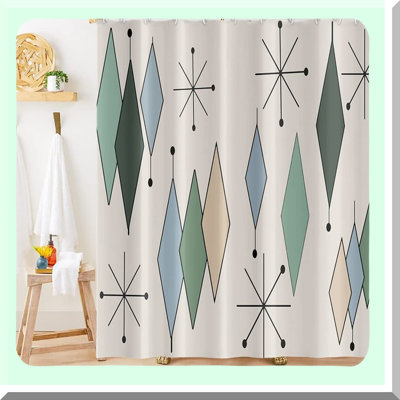 RetroStarburst Mid-Century Shower Curtain - Modern Abstract Diamond Geometric Pattern, 1950s Atomic Design, Includes 12 Hooks for Vintage Bathroom Decor