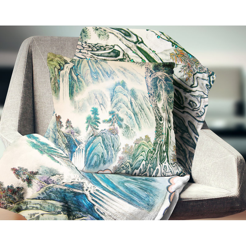 Paysage chinois bleu - coussin à imprimé floral, 16 po x 1 po, Coussin décoratif