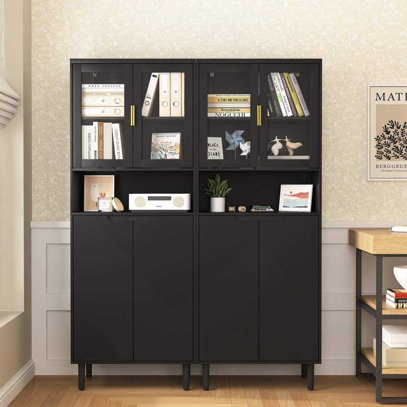 Grande armoire de rangement avec 2 portes vitrées et 2 portes, grande armoire de cuisine, Brown