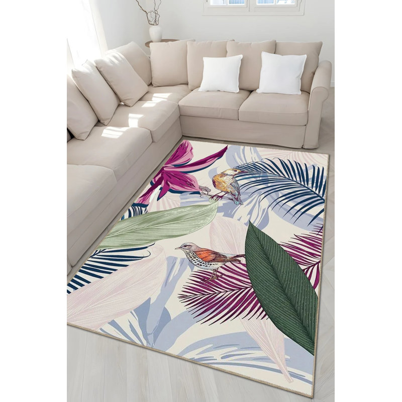 Multicolored Mixed Flower Leaf And Bird Patterned Vintage Decorative Carpet, Rectangle 4' x 5'11"
