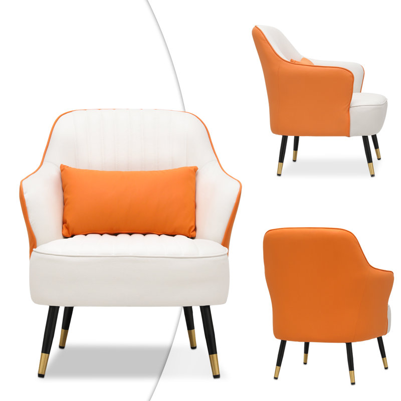 Orange and White Leathaire Upholstered Accent Chair with Wood Frame