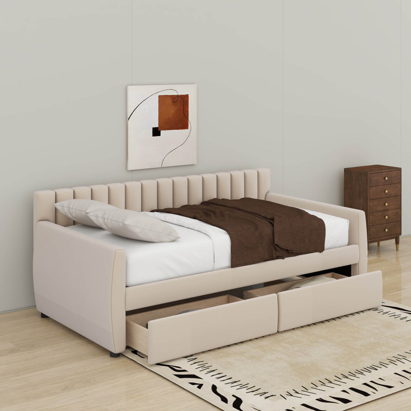 Lit de jour simple tapissier avec tiroirs, Beige