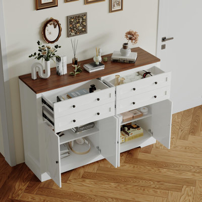 55 inch buffet cabinet with storage, wood sideboard coffee bar with 4 drawers and shelves for kitchen dining room white